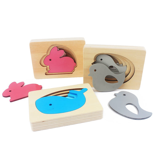 Wooden Puzzles Animal Carton Rabbit/Bird/Whale Multilayer 3D Puzzle