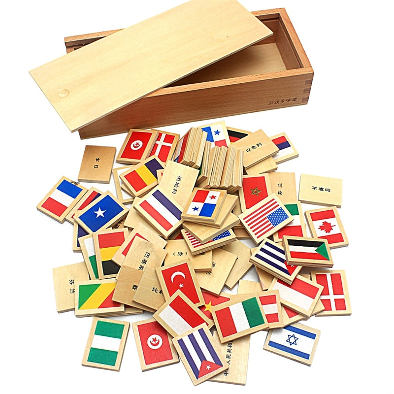 80Pcs Flags Domino with Wooden Box Toys
